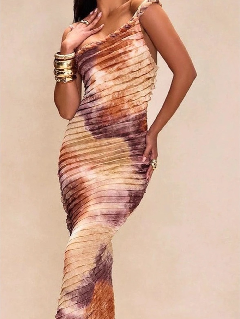One Shoulder Maxi Dress - Brown Tie Dye